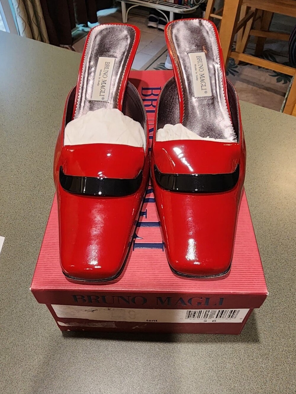 Bruno Magli Red Patent Slip-On Mules with Black Band